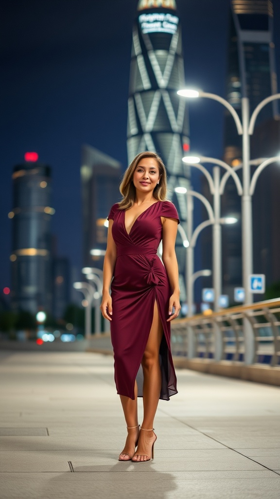 A woman in a burgundy dress stands confidently in a city at night, illuminated by bright lights.