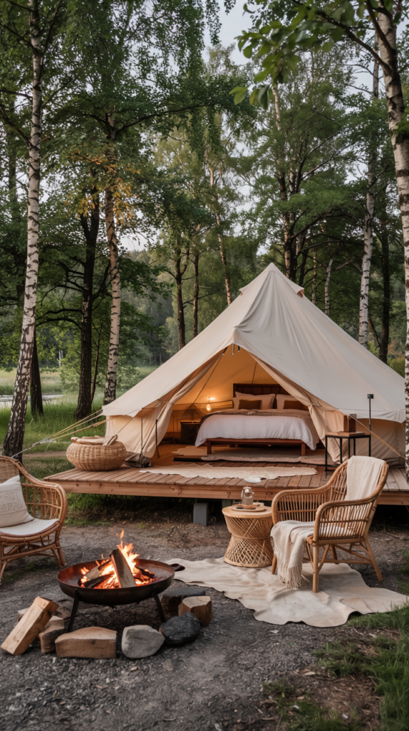 Glamping setup with a large, cream-colored canvas tent surrounded by trees. Inside the tent is a bed with plush bedding and a bedside lamp. In front of the tent, there is a wooden deck with wicker chairs, a table, and a lit fire pit. The surrounding area is a lush, green forest.