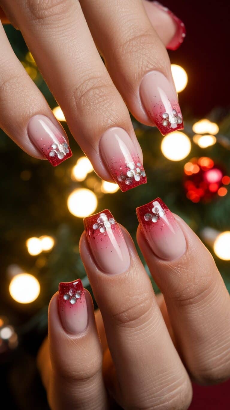 Close-up of a hand with red and pink ombre nails, decorated with white flower-like gems, in front of a blurred background of holiday lights and ornaments.
