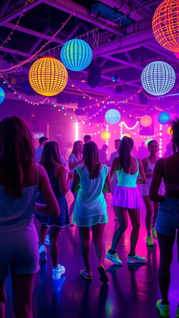 A vibrant glow-in-the-dark dance party scene with colorful lights and teenagers dancing.