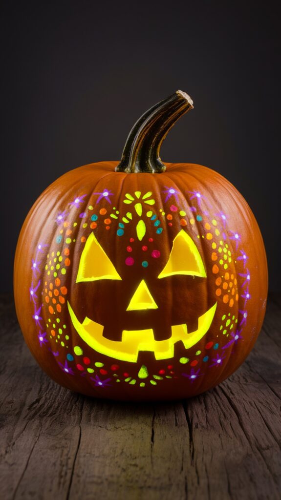 A carved jack-o'-lantern with a glowing yellow smile and eyes, decorated with colorful painted designs of dots and stars, sits on a wooden surface against a dark background.