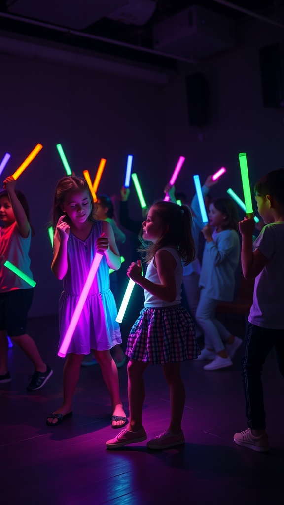Kids dancing with glow sticks at a party.