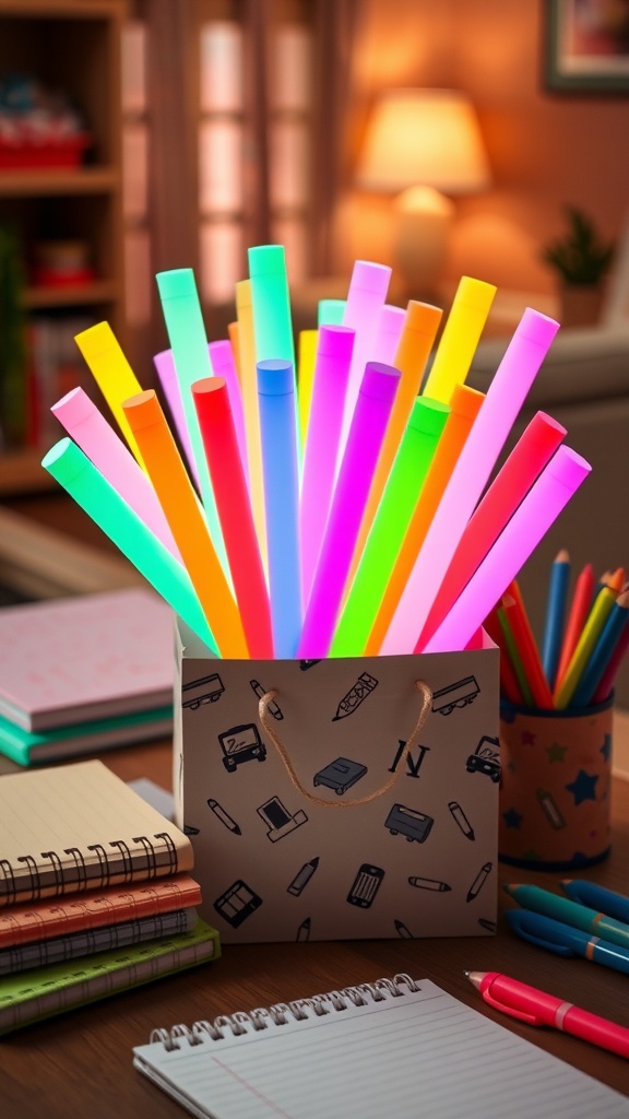 A decorative paper bag filled with brightly colored glow sticks in various neon shades placed on a desk with stacks of notebooks and writing supplies, including pens and a cup holding more pens and pencils in a warmly lit room.
