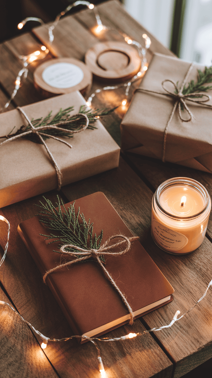 A cozy arrangement on a wooden table featuring a brown notebook tied with twine and a sprig of greenery, surrounded by wrapped gifts in brown paper, a lit candle in a jar, and warm string lights.
