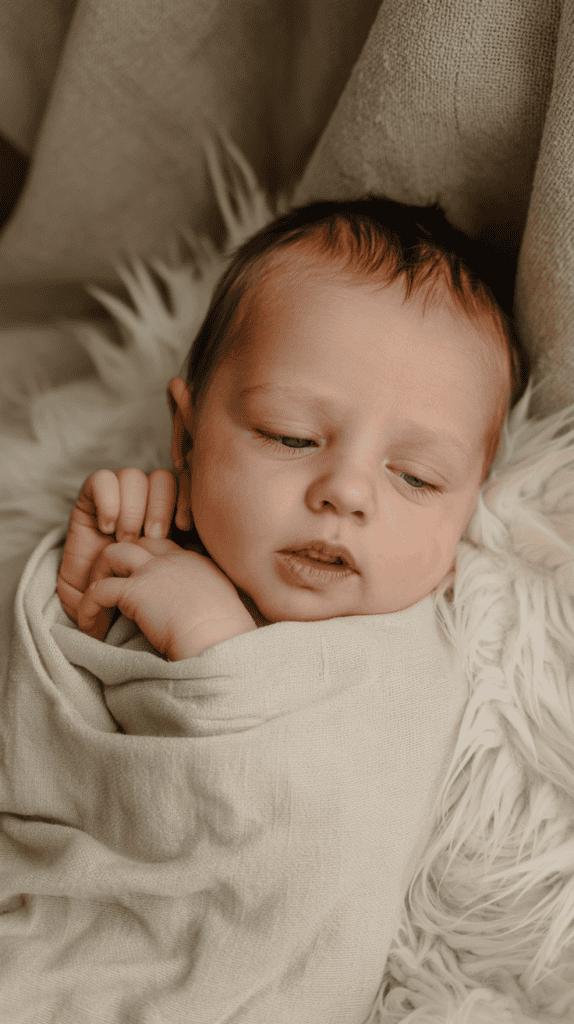 A baby wrapped in a soft beige blanket, lying on a white fluffy surface with eyes half-closed.