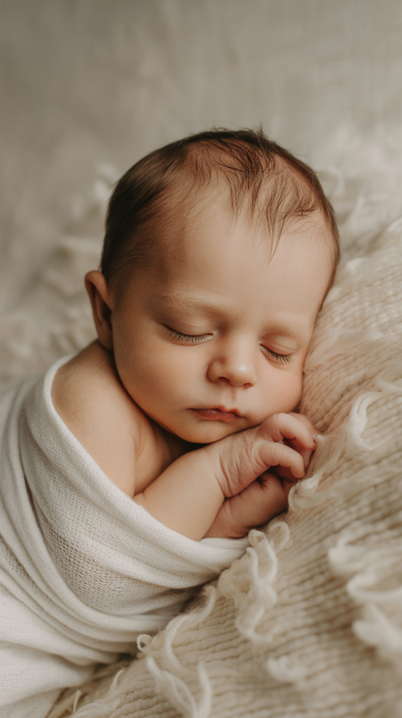 A newborn baby peacefully asleep, wrapped in a soft white blanket, resting on a textured, cream-colored surface.