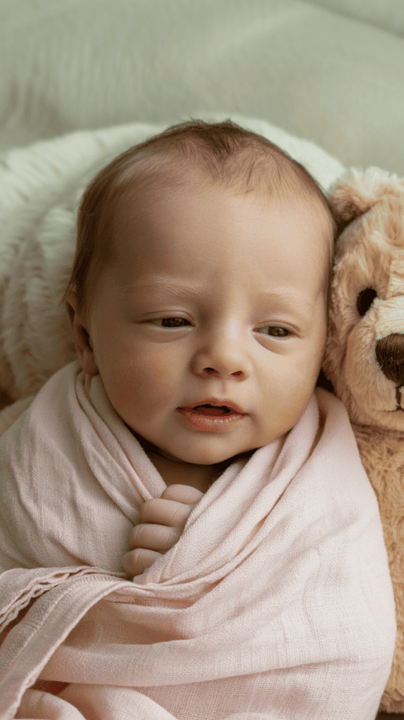 A baby wrapped in a soft pink blanket, with a teddy bear beside, resting on a fluffy surface.
