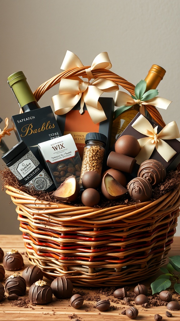 A beautifully arranged gourmet chocolate gift basket with various chocolates and a bottle of wine.
