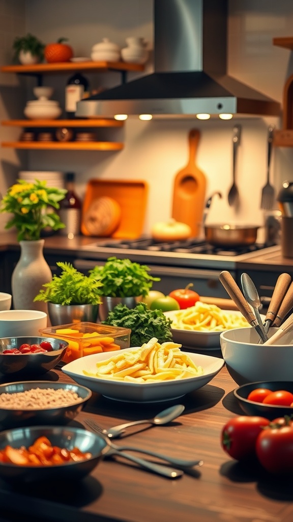 A kitchen counter filled with a variety of ingredients, including fresh vegetables, herbs, and sliced potatoes, with cooking utensils and bowls arranged around them, under a bright kitchen light.
