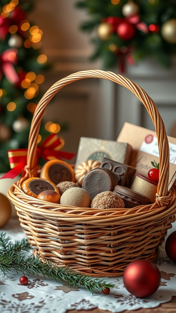 A beautifully arranged gourmet treats basket filled with various sweets and snacks.