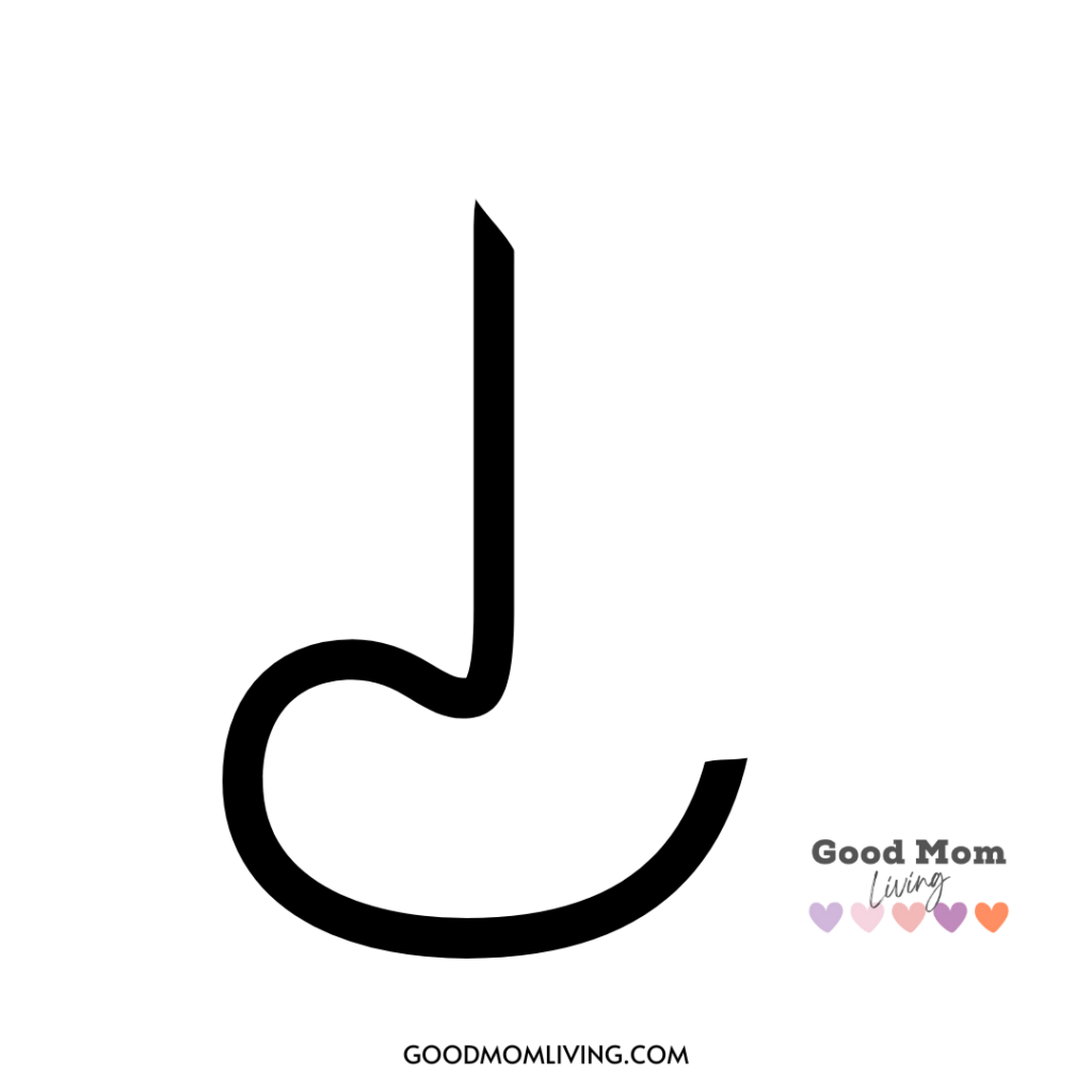 A black stylized letter 'J' on a white background, with the text 'Good Mom Living' and a series of pastel-colored hearts in the bottom right corner.