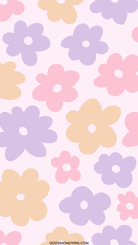 Pattern of stylized flowers in pastel colors, including purple, pink, and peach, on a light pink background.