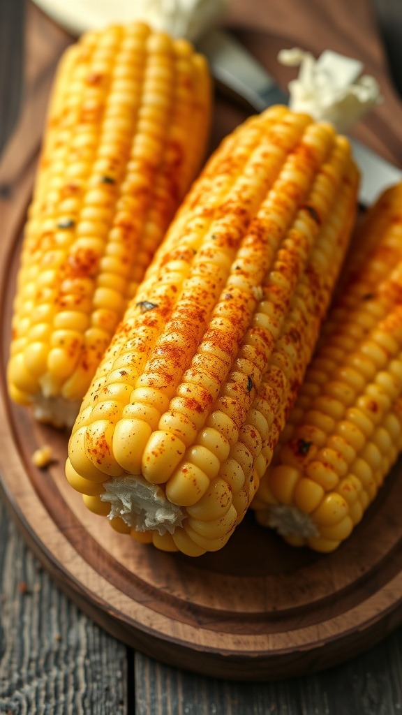 Three ears of corn seasoned with chili powder resting on a wooden cutting board.