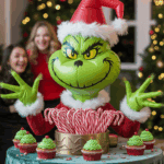 A festive scene featuring a large inflatable Grinch figure in a Santa hat surrounded by candy canes on a table covered with a green cloth. Cupcakes with green frosting are also on the table. Two people in the background are laughing, with a Christmas tree and string lights adding to the holiday atmosphere.