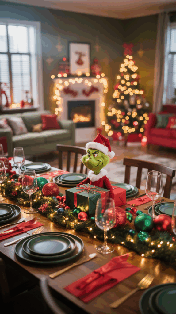 Festive dining room decorated for Christmas with a Grinch figurine in a Santa hat sitting on a table set with green plates, red napkins, and surrounded by holiday greenery and ornaments; a fireplace and Christmas tree with lights are visible in the background.