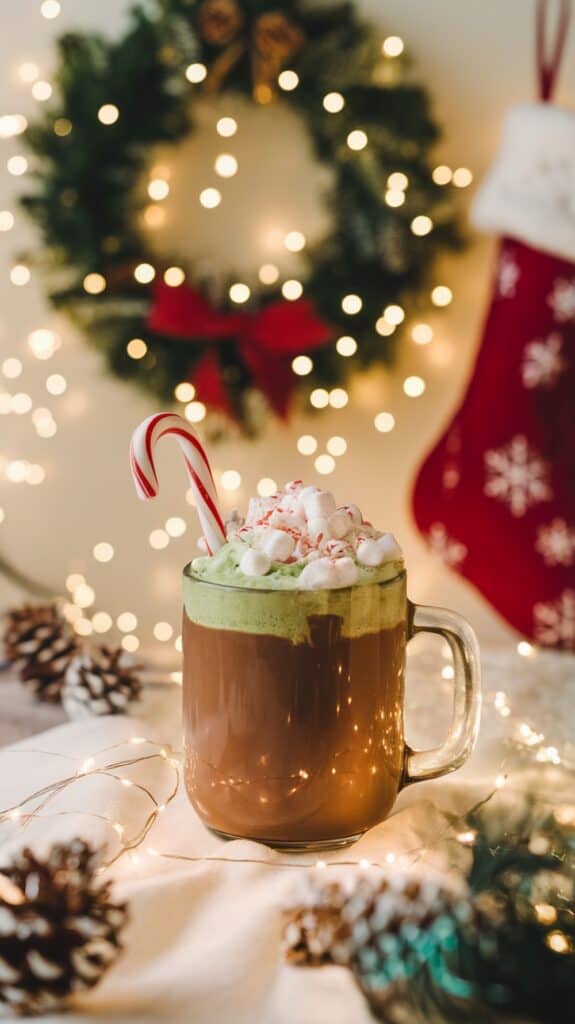 A festive mug of hot chocolate topped with green whipped cream, marshmallows, and a candy cane, surrounded by holiday decorations including pinecones, string lights, a wreath, and a red stocking.