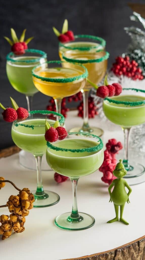 Seven green cocktails in stemmed glasses with green sugar rims and raspberry garnishes, accompanied by a green character figurine, set against a festive background with red and gold accents.