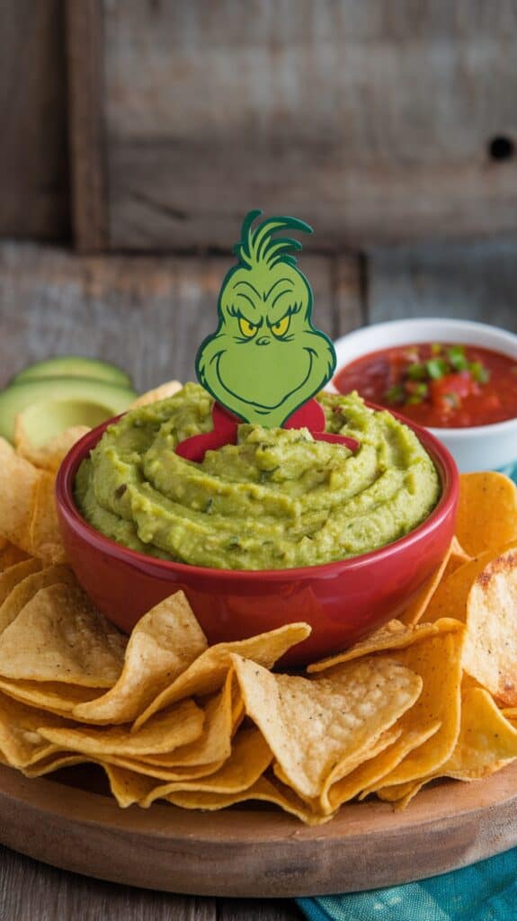 A bowl of guacamole topped with a Grinch decoration, surrounded by tortilla chips, with a small bowl of salsa in the background.