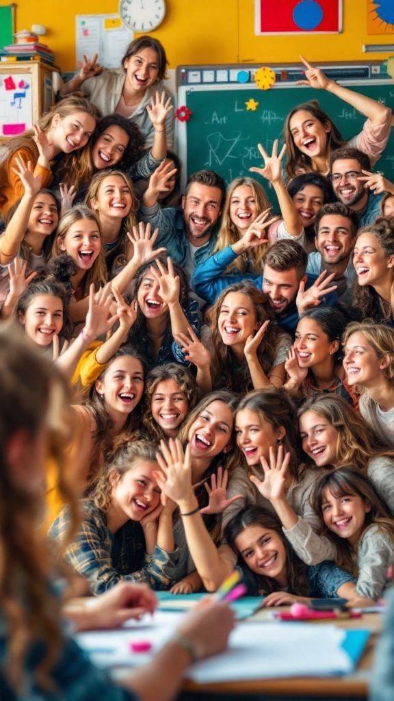 A joyful group of students posing together in a classroom, celebrating their teachers.