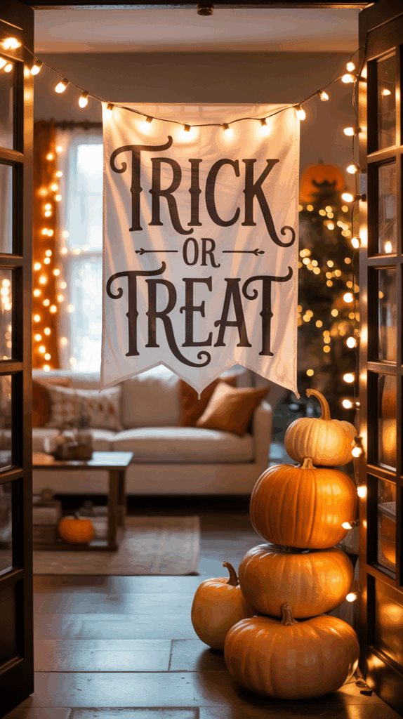 Interior view of a living room decorated for Halloween, featuring a "Trick or Treat" banner hanging in the doorway, illuminated by string lights and accompanied by a stack of pumpkins on the floor.