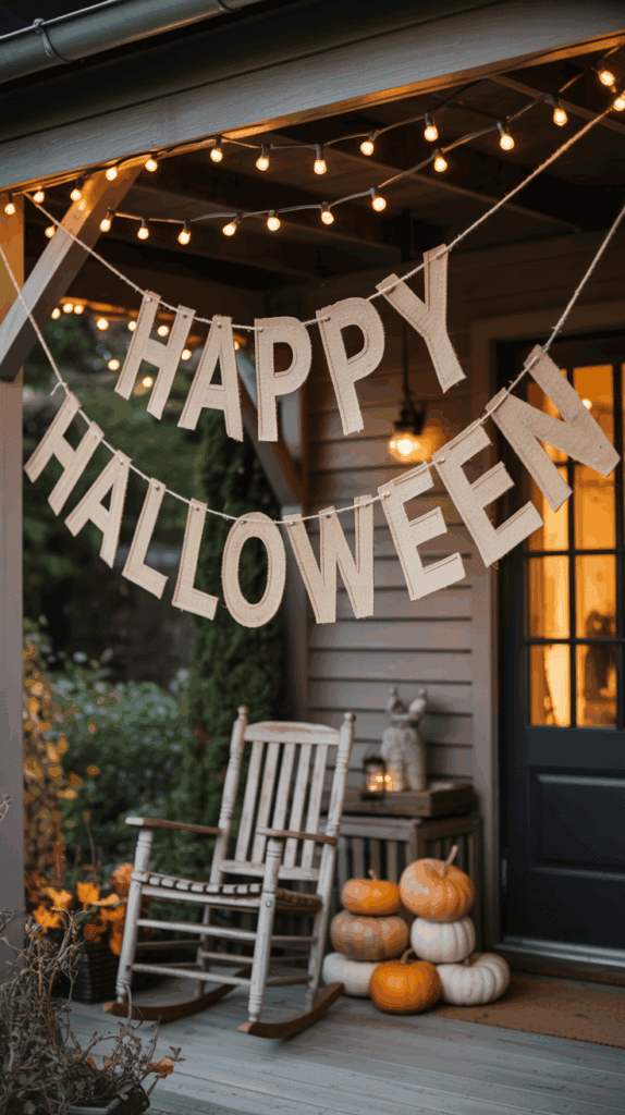 A porch decorated for Halloween with a 'Happy Halloween' banner, a string of lights, a wooden rocking chair, a stack of pumpkins, and a lantern on a small table.
