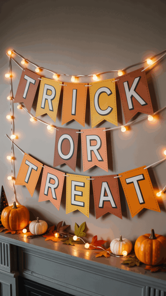 A festive "Trick or Treat" banner hangs on a wall, illuminated by string lights. Below, a mantel is decorated with orange and white pumpkins and colorful autumn leaves.