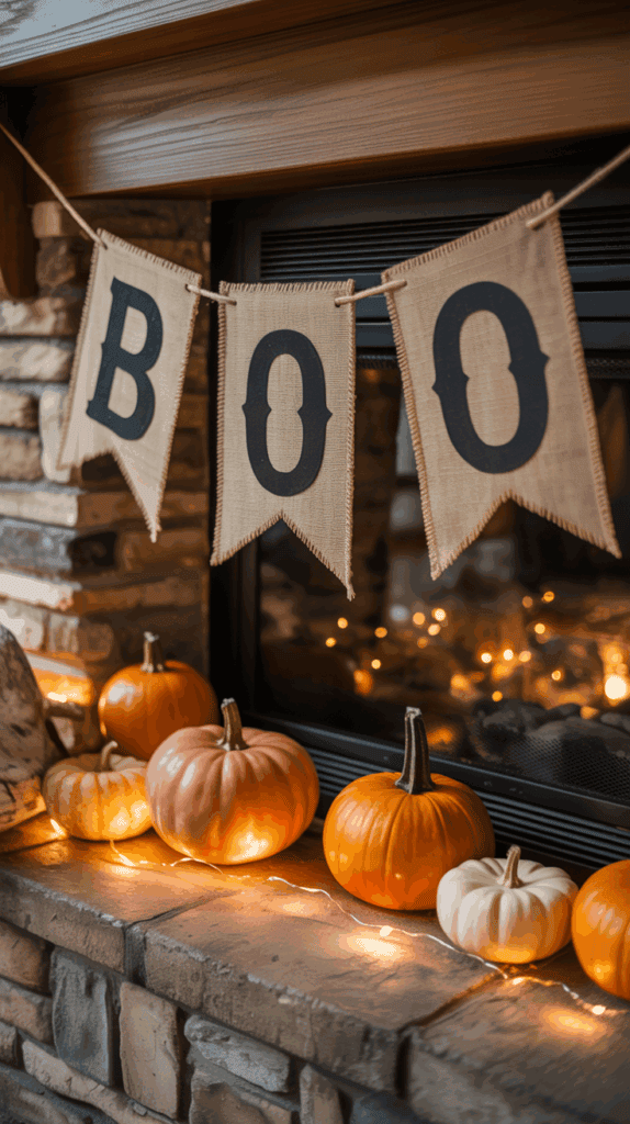 A fireplace decorated for Halloween with a burlap banner displaying the word 'BOO' and several pumpkins of varying sizes and colors, illuminated by string lights.