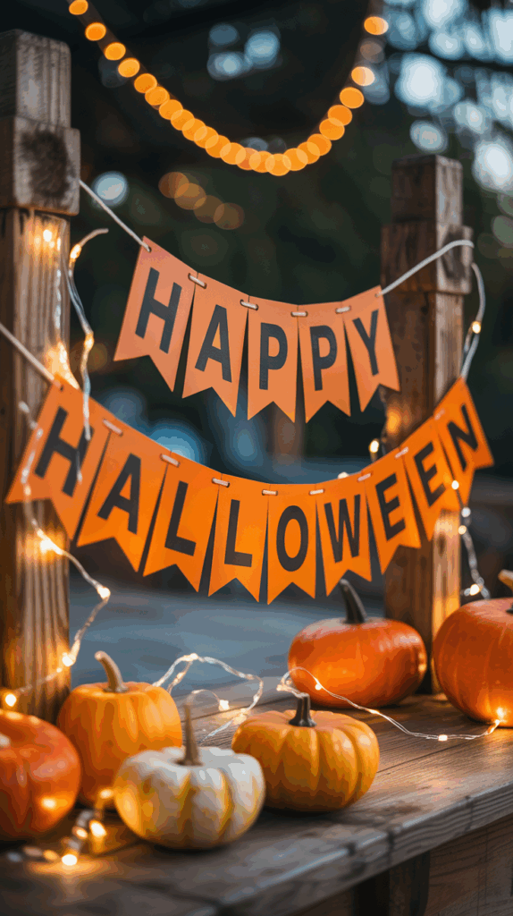 A "Happy Halloween" banner made of orange pennants is strung across two wooden posts, surrounded by string lights and small orange and white pumpkins on a wooden surface.