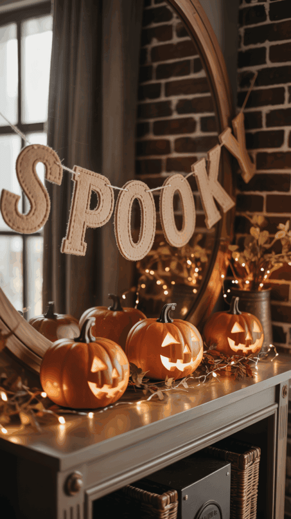 A decorative Halloween display featuring illuminated jack-o'-lanterns and a 'SPOOKY' banner, set on a shelf with autumn leaves and string lights, against a brick wall backdrop.