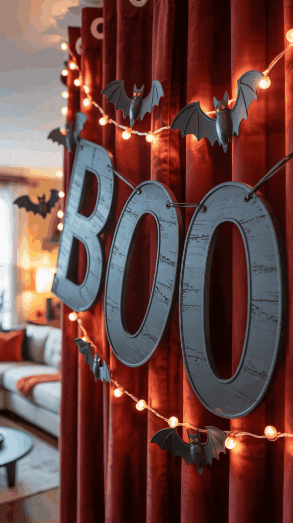 A Halloween decoration with large black letters spelling out "BOO" decorated with black bats and orange lights against red curtains in a cozy living room setting.