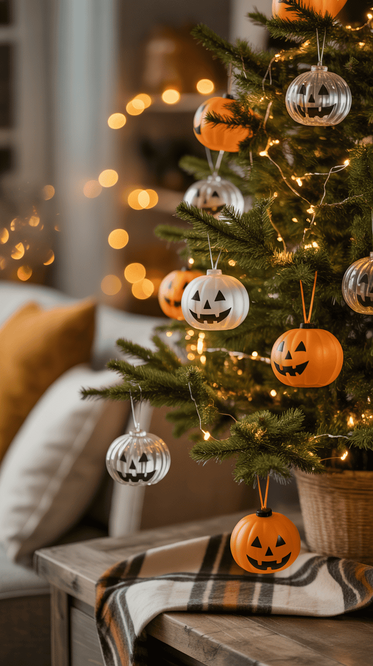 A Christmas tree decorated with orange and white pumpkin-shaped ornaments featuring jack-o'-lantern faces, surrounded by warm string lights, in a cozy living room setting with blurred lights in the background.