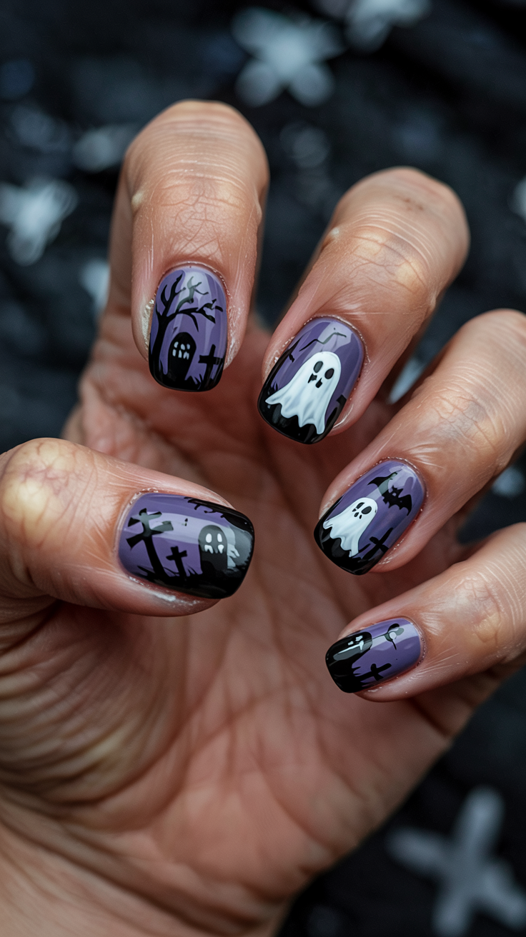 Close-up of nails with Halloween-themed nail art featuring purple backgrounds, ghosts, bats, and graveyard scenes.