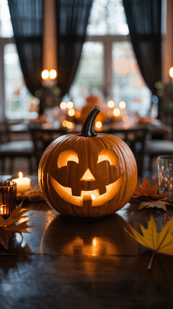 A carved pumpkin with a smiling face illuminated from within, sitting on a wooden table surrounded by autumn leaves and lit candles, with a blurred background of a warmly-lit room with dark curtains.