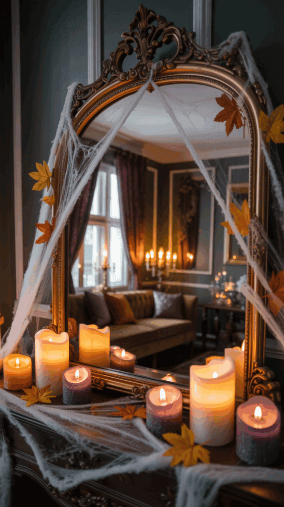 A decorative mirror adorned with cobwebs and autumn leaves, surrounded by lit candles in a cozy, warmly lit room with a vintage couch and curtains in the background.