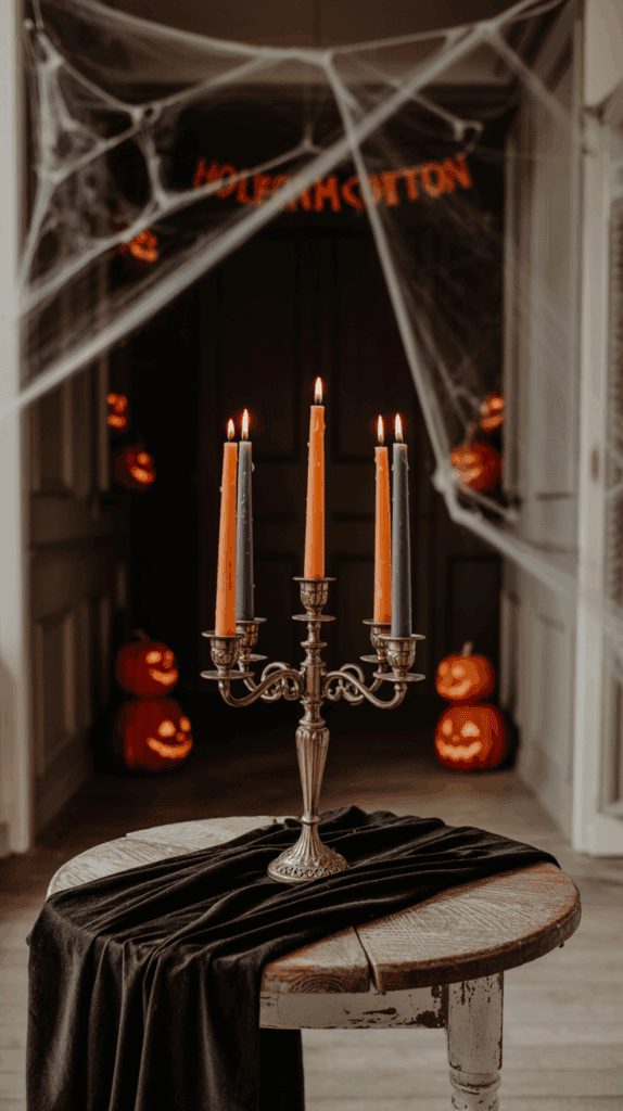 A vintage candelabra with lit orange and blue candles on a wooden table draped with black fabric, set in a Halloween-themed corridor with cobwebs and glowing Jack-o'-lanterns.