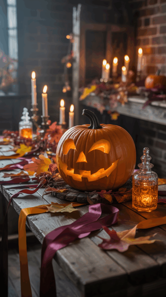 A carved pumpkin with a smiling face sits on a wooden table surrounded by autumn leaves and purple and orange ribbons. In the background, several lit candles and glass bottles create a warm, festive atmosphere.