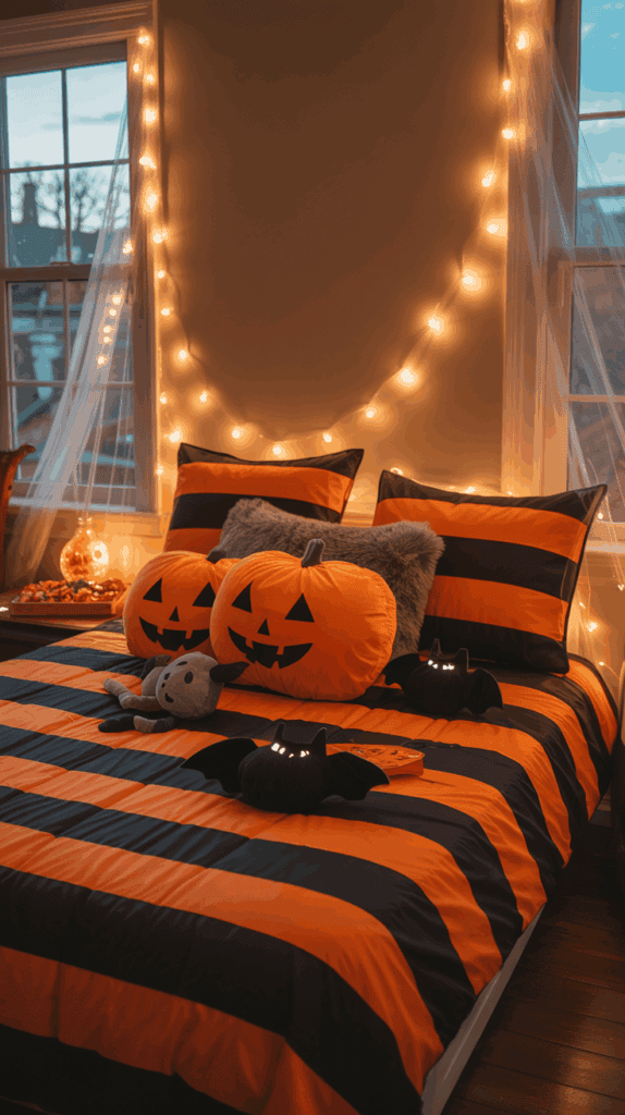 A cozy bedroom decorated for Halloween, featuring a bed with orange and black striped bedding and pillows shaped like jack-o'-lanterns and black bats. The room is softly illuminated by string lights, with a window showing an evening sky in the background.