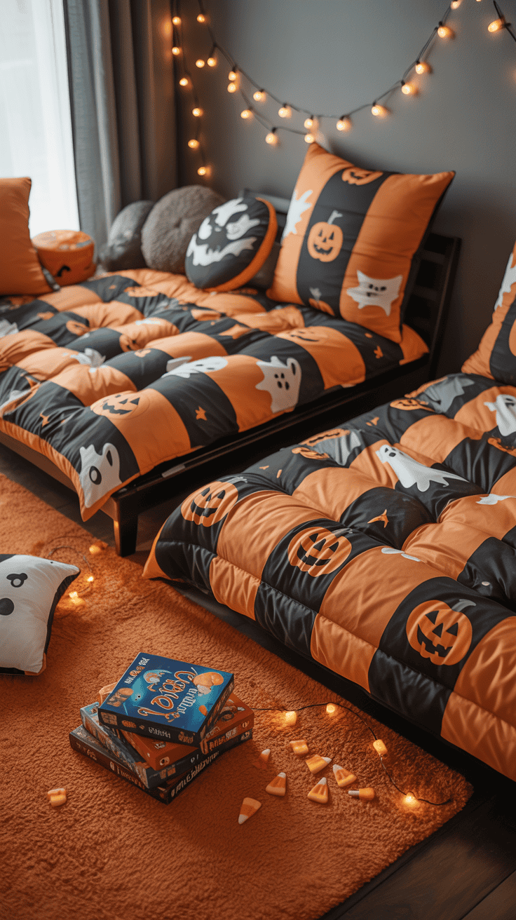 A cozy Halloween-themed bedroom with orange and black bedding featuring ghost and pumpkin designs. The room is decorated with string lights on the wall, a fluffy orange rug, and scattered candy corn on the floor. A stack of board games sits on the rug, adding to the festive atmosphere.