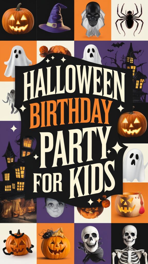 Halloween-themed birthday party invitation with pumpkins, ghosts, and spooky graphics around bold text.