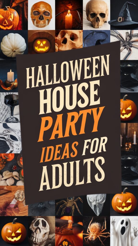 Collage of Halloween decor, skulls, pumpkins, drinks, and a central text reading "Halloween House Party Ideas for Adults."