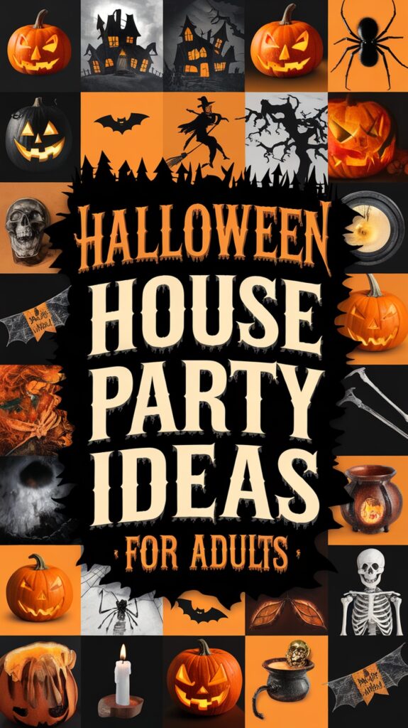 Collage of Halloween-themed images featuring pumpkins, skulls, witch, spider, cauldron, and the text "Halloween House Party Ideas for Adults."