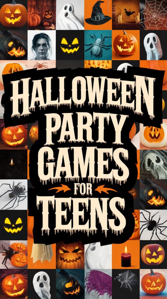 Collage of Halloween-themed images, including pumpkins, ghosts, spiders, and text reading "Halloween Party Games for Teens."