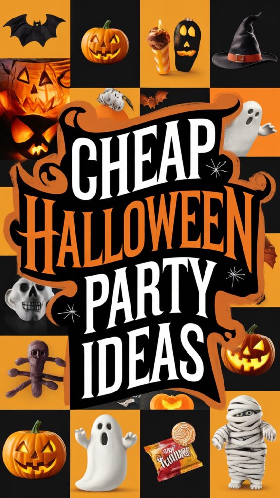 Collage of Halloween icons like pumpkins, ghosts, bats, and mummies with "Cheap Halloween Party Ideas" text in the center.