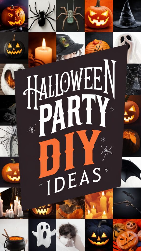 Collage of Halloween-themed images with the text "Halloween Party DIY Ideas" in the center.