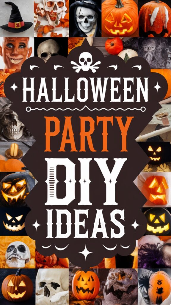 Collage of Halloween-themed decorations and costumes with the text "Halloween Party DIY Ideas" in the center.