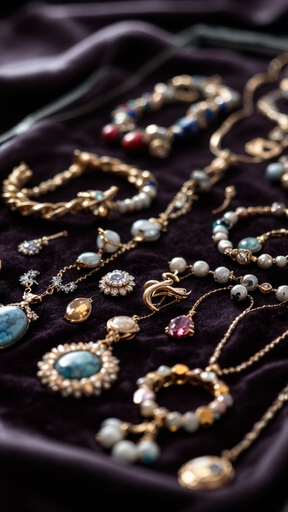 An assortment of handcrafted jewelry pieces including bracelets and necklaces on a dark velvet background.