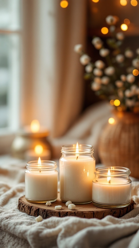 A cozy setup featuring three lit handcrafted scented candles on a wooden tray with soft textiles in the background.