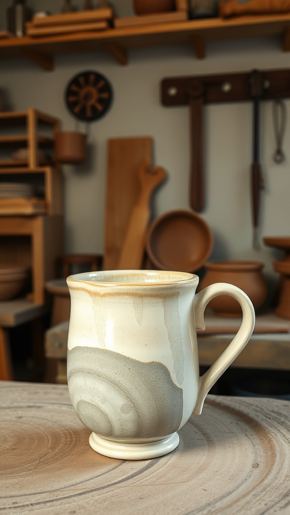 A beautiful handmade pottery mug on a wooden surface with pottery tools in the background.