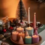 A cozy table setting featuring a wooden tray with pastel-colored candles lit up, alongside decorative elements like a small artificial Christmas tree and seasonal ornaments on a white wooden table with a green runner.