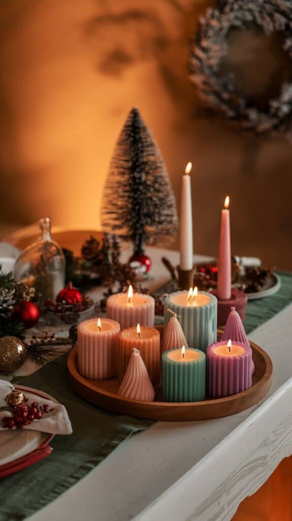 A cozy table setting featuring a wooden tray with pastel-colored candles lit up, alongside decorative elements like a small artificial Christmas tree and seasonal ornaments on a white wooden table with a green runner.